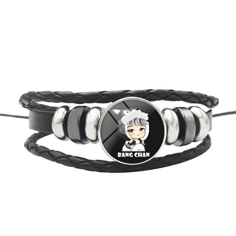 image-AliExpress New Stray Kids Men's Group Anime Head Leather Braided Bracelet Retro Round Glass Button Bracelet
