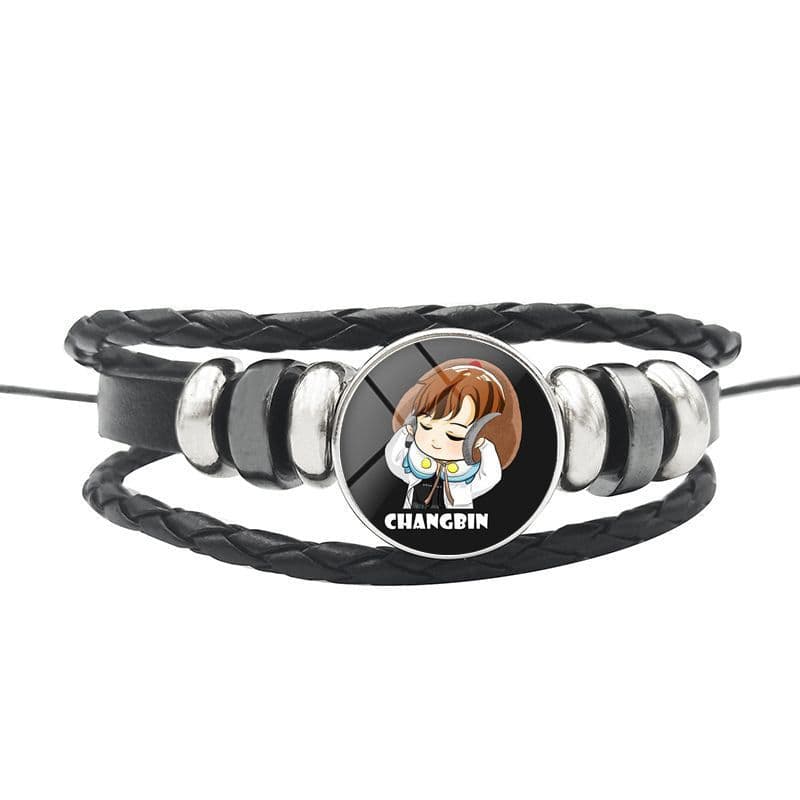 image-AliExpress New Stray Kids Men's Group Anime Head Leather Braided Bracelet Retro Round Glass Button Bracelet
