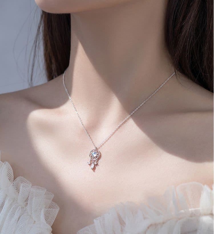image-925 silver necklace female ins indifferent moonstone dream catcher element light luxury temperament niche clavicle chain tassel pendant