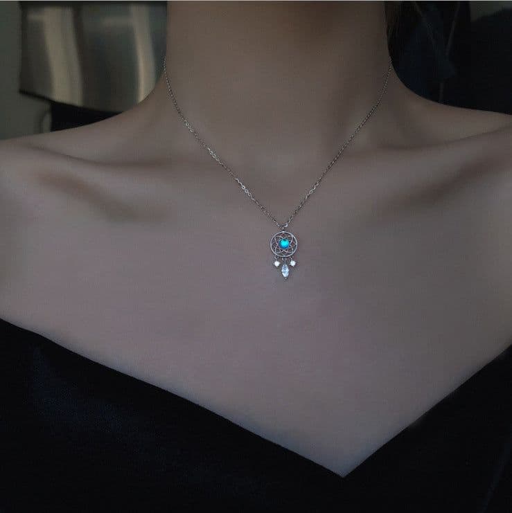 image-925 silver necklace female ins indifferent moonstone dream catcher element light luxury temperament niche clavicle chain tassel pendant