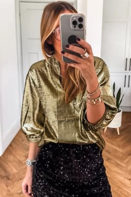 image-Gold Metallic Split Neck Half Sleeve Blouse