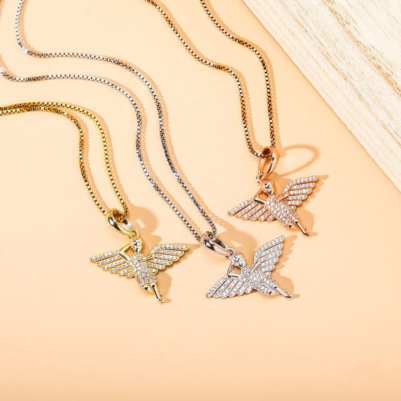 image-Jinao jewelry European and American new S925 silver angel wings solid pendant full of zircon hip-hop female necklace accessories