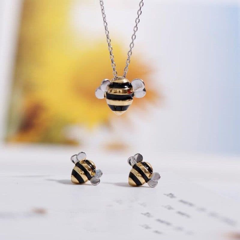 image-s925 sterling silver necklace wholesale Korean fashion cute dripping bee two-color atmospheric necklace set for women