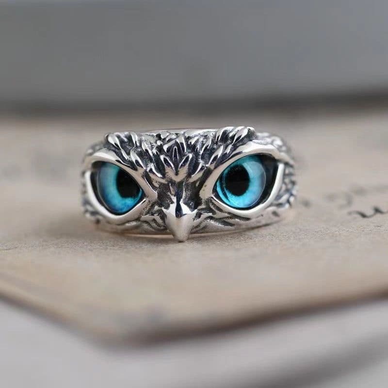 image-Owl ring male trend personality anti-Thai silver men's single ring retro old blue eye open ring