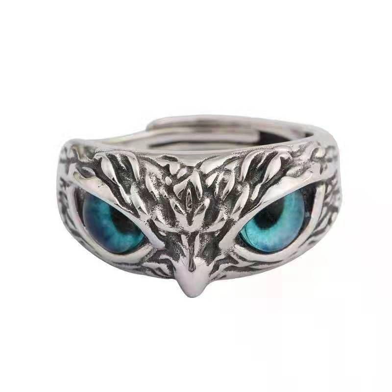 image-Owl ring male trend personality anti-Thai silver men's single ring retro old blue eye open ring