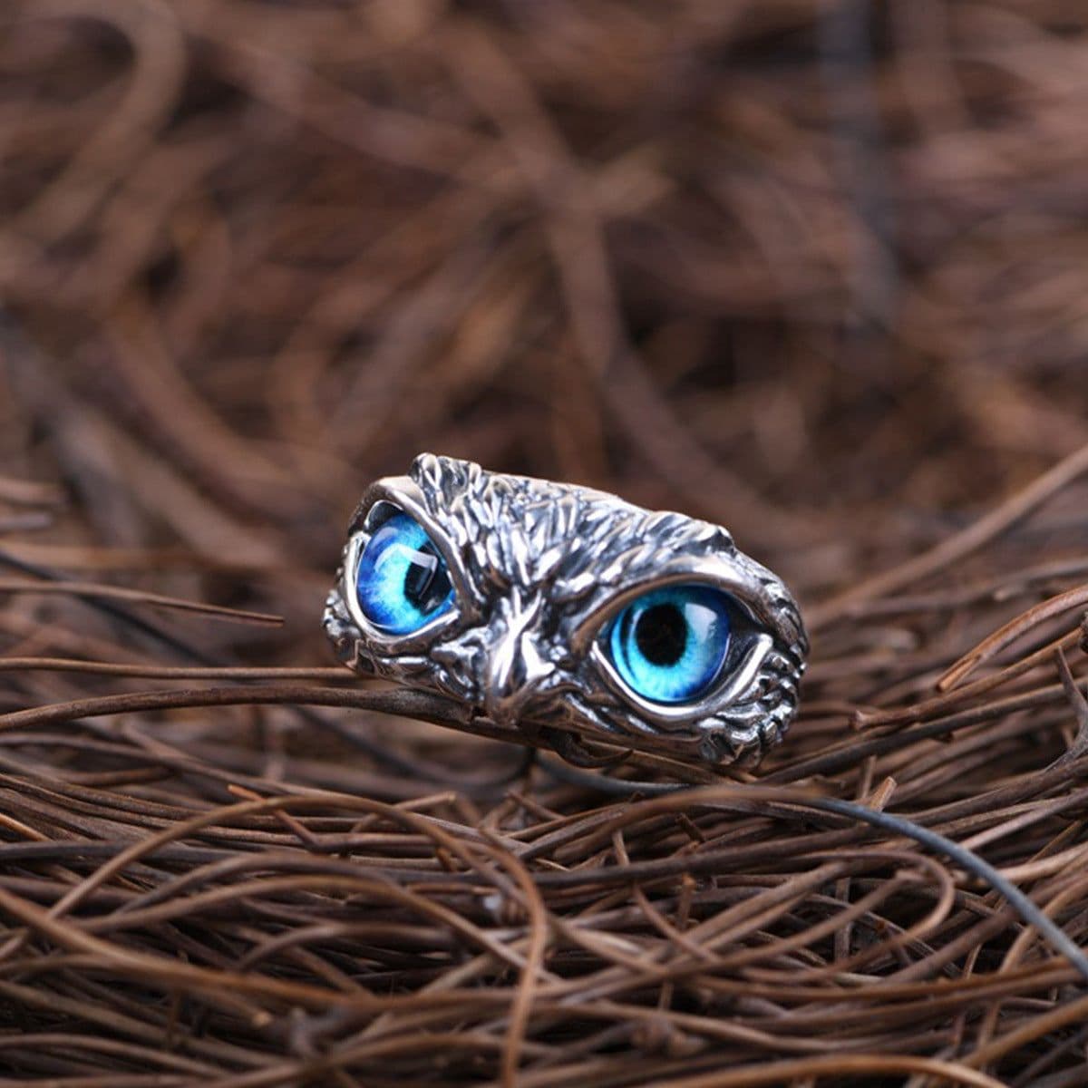 image-Owl ring male trend personality anti-Thai silver men's single ring retro old blue eye open ring