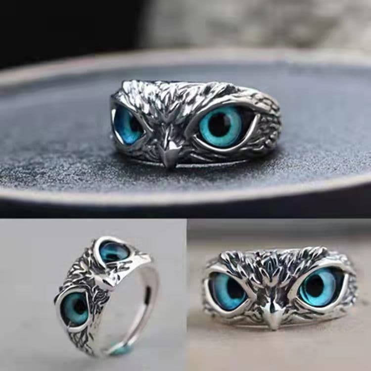 image-Owl ring male trend personality anti-Thai silver men's single ring retro old blue eye open ring