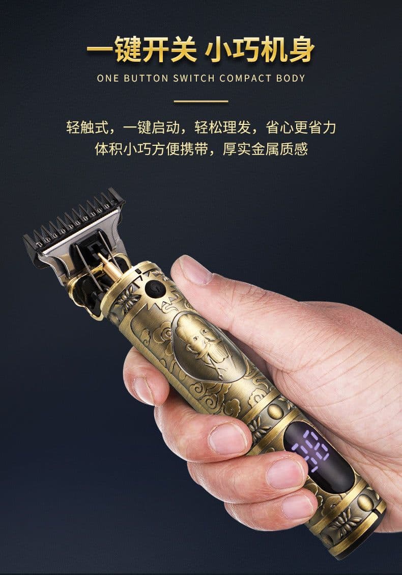 image-Cross-border hot selling retro oil head electric clipper engraving push white power clipper t9 beard digital display electric hair clipper