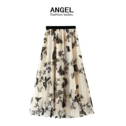 image-Spring and summer new high-waisted thin A-line lace butterfly fairy mesh mid-length skirt women's skirt 8652