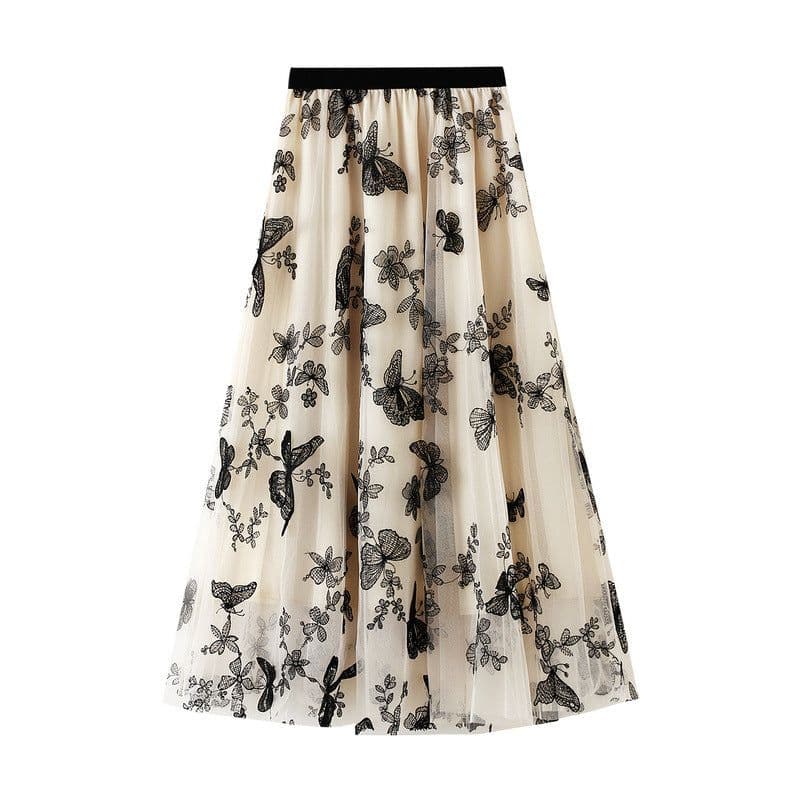 image-Spring and summer new high-waisted thin A-line lace butterfly fairy mesh mid-length skirt women's skirt 8652