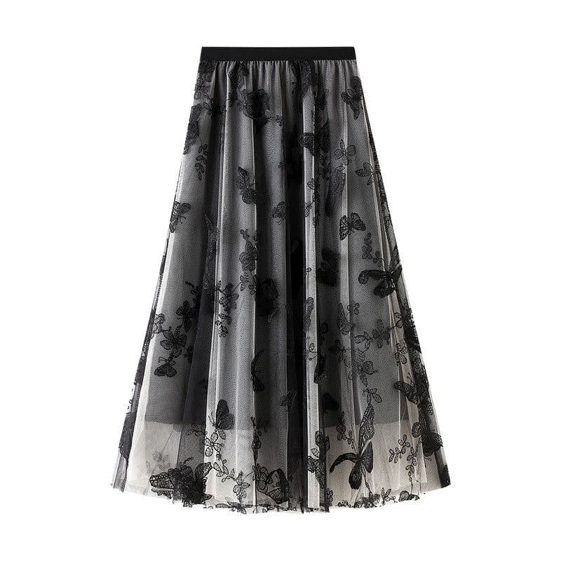 image-Spring and summer new high-waisted thin A-line lace butterfly fairy mesh mid-length skirt women's skirt 8652