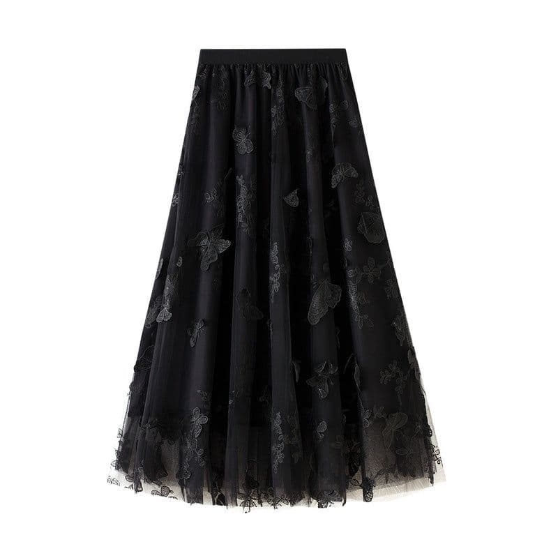 image-Spring and summer new high-waisted thin A-line lace butterfly fairy mesh mid-length skirt women's skirt 8652