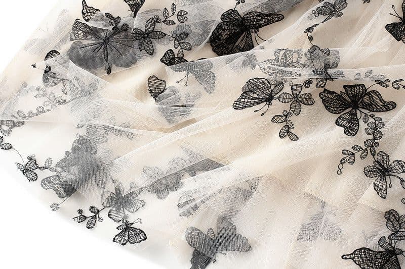 image-Spring and summer new high-waisted thin A-line lace butterfly fairy mesh mid-length skirt women's skirt 8652