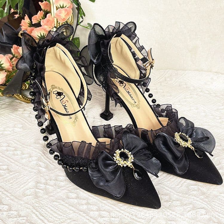 image-Lolita lace elegant all-match cla high heels black flower wedding ceremony Lolita pointed toe sandals