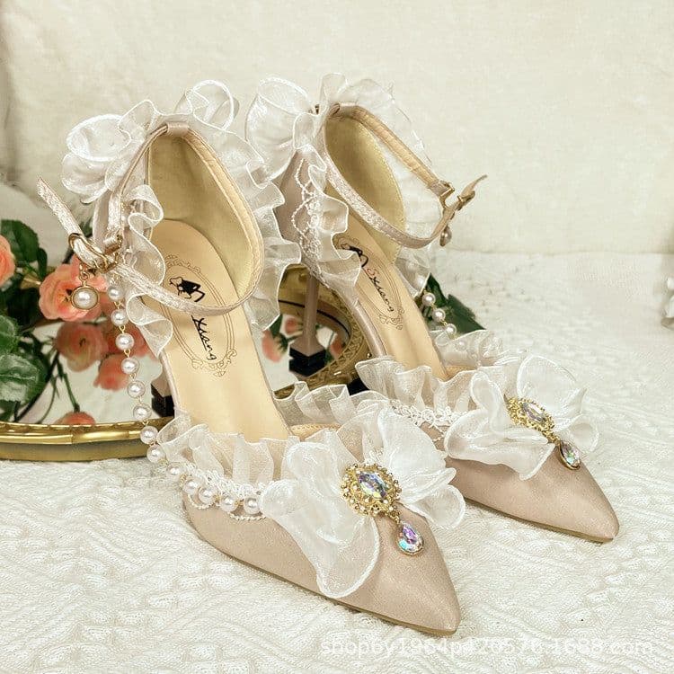 image-Lolita lace elegant all-match cla high heels black flower wedding ceremony Lolita pointed toe sandals