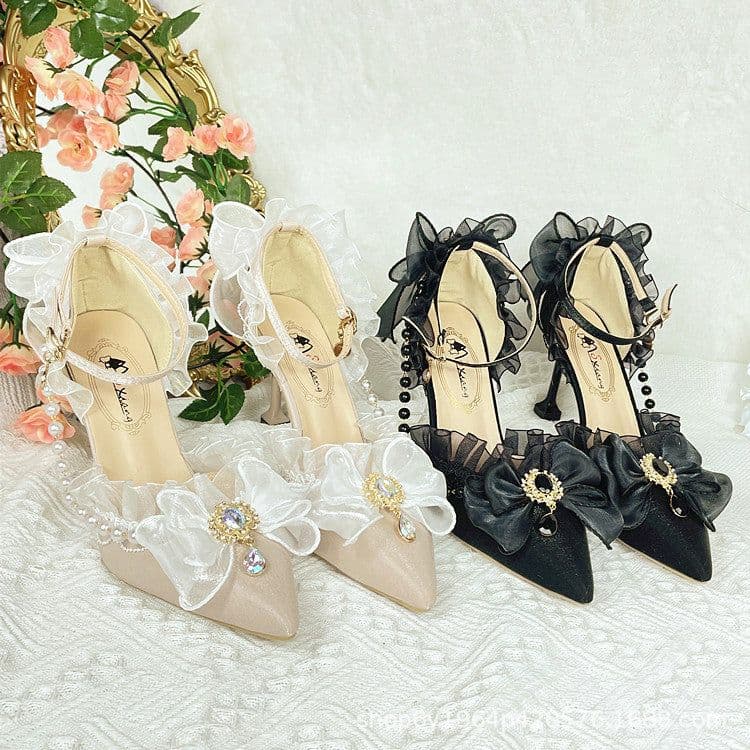 image-Lolita lace elegant all-match cla high heels black flower wedding ceremony Lolita pointed toe sandals
