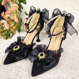 image-Lolita lace elegant all-match cla high heels black flower wedding ceremony Lolita pointed toe sandals