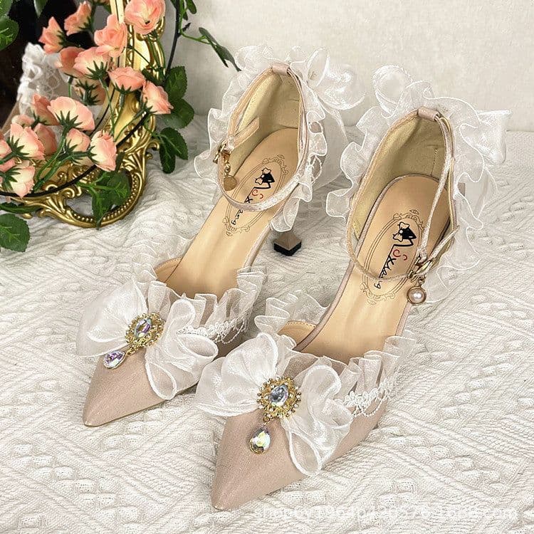 image-Lolita lace elegant all-match cla high heels black flower wedding ceremony Lolita pointed toe sandals