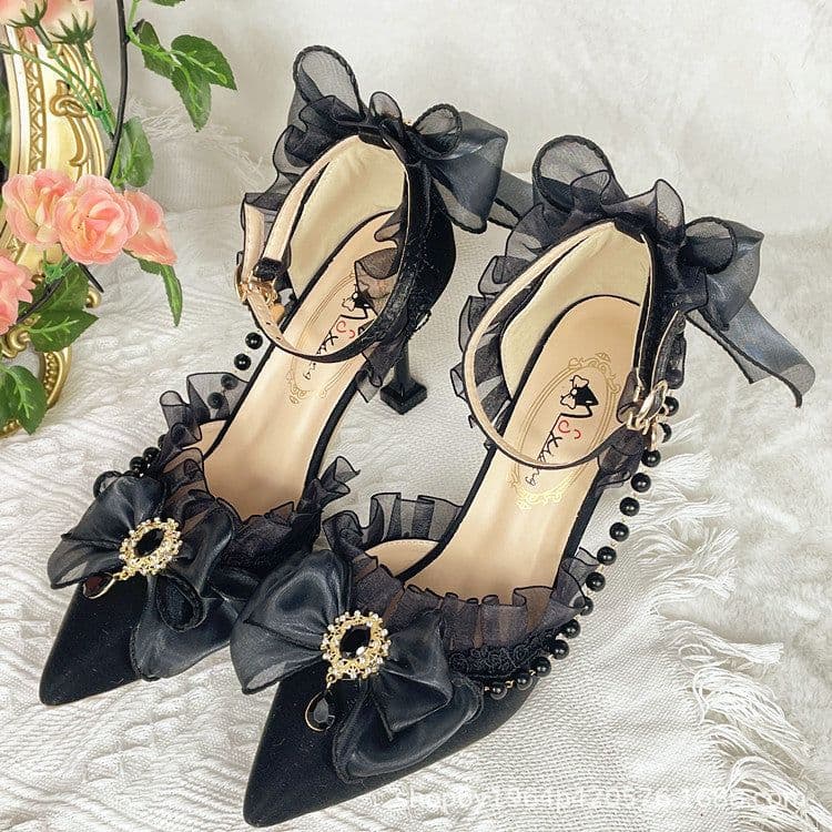 image-Lolita lace elegant all-match cla high heels black flower wedding ceremony Lolita pointed toe sandals