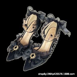 image-Lolita lace elegant all-match cla high heels black flower wedding ceremony Lolita pointed toe sandals
