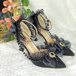 image-Lolita lace elegant all-match cla high heels black flower wedding ceremony Lolita pointed toe sandals