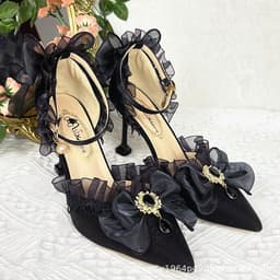 image-Lolita lace elegant all-match cla high heels black flower wedding ceremony Lolita pointed toe sandals