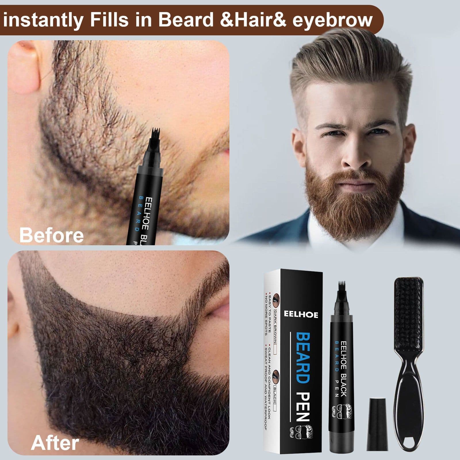 image-EELHOE Foreign Trade Cross-Border Beard Filling Pen Kit Waterproof, Sweat-proof, No Makeup Beard Pen