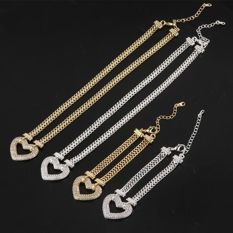image-Korean ins style cold European and American fashion personality stacked thick chain suit hip-hop temperament golden heart-shaped necklace