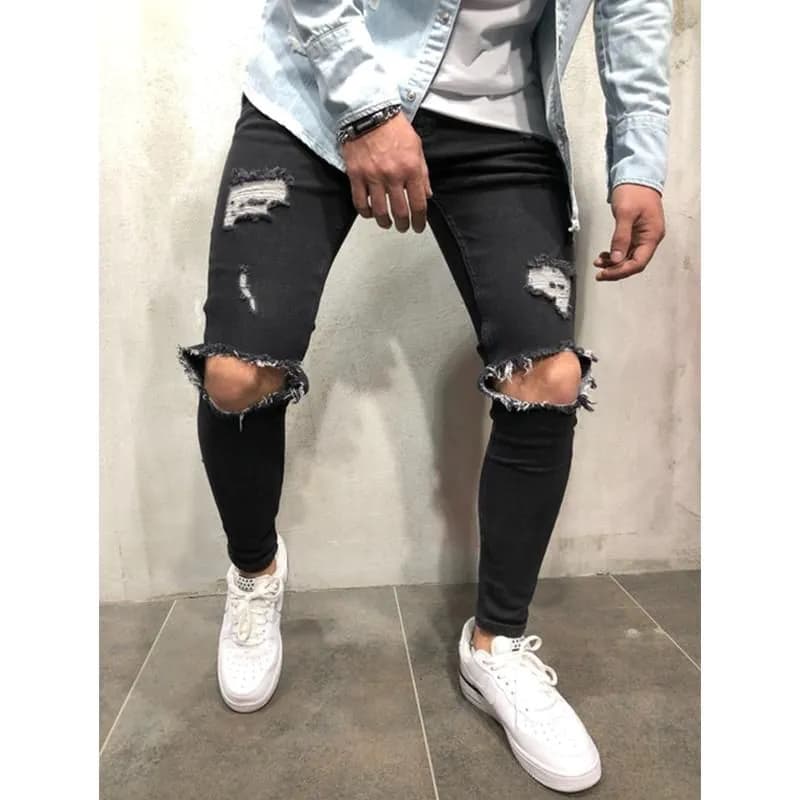 image-Mens Distressed Ripped Biker Jeans Slim Fit Stretch Jeans Brand