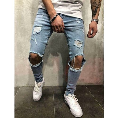 image-Mens Distressed Ripped Biker Jeans Slim Fit Stretch Jeans Brand