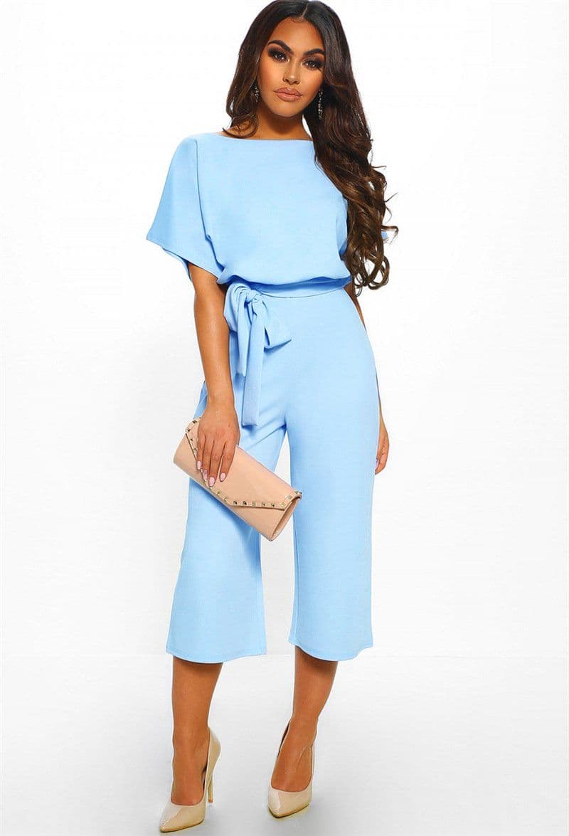 image-Summer Fashion Simple Short Sleeve Jumpsuit Women Wide Leg Pure Color