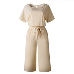 image-Summer Fashion Simple Short Sleeve Jumpsuit Women Wide Leg Pure Color