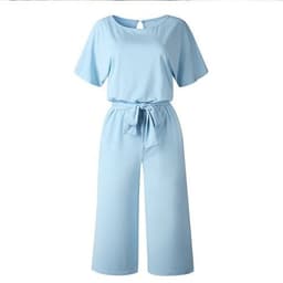 image-Summer Fashion Simple Short Sleeve Jumpsuit Women Wide Leg Pure Color