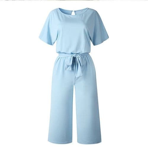 image-Summer Fashion Simple Short Sleeve Jumpsuit Women Wide Leg Pure Color