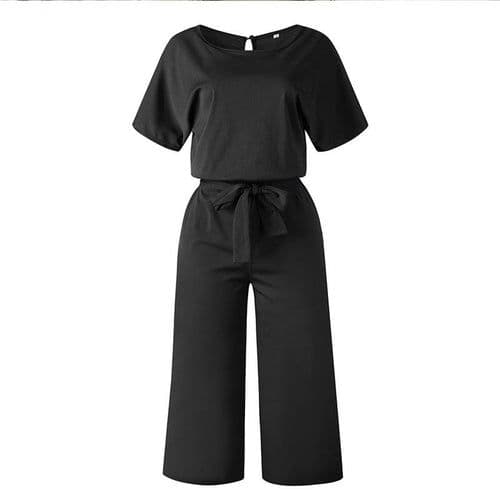 image-Summer Fashion Simple Short Sleeve Jumpsuit Women Wide Leg Pure Color
