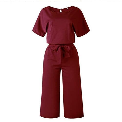 image-Summer Fashion Simple Short Sleeve Jumpsuit Women Wide Leg Pure Color