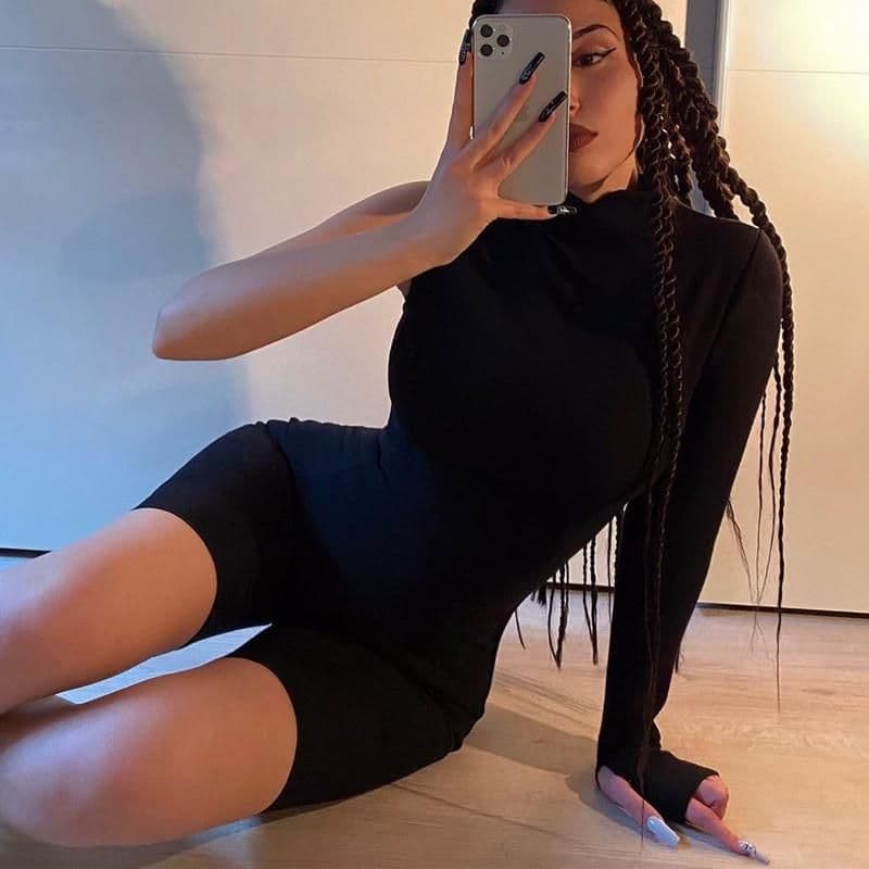image-One Shoulder Long Sleeve Bodycon Playsuits Women Sporty Workout Casual