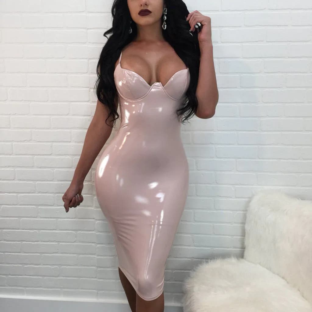 image-2021 Sexy Women Bodycon Dress PU Leather Autumn Winter Vestido High