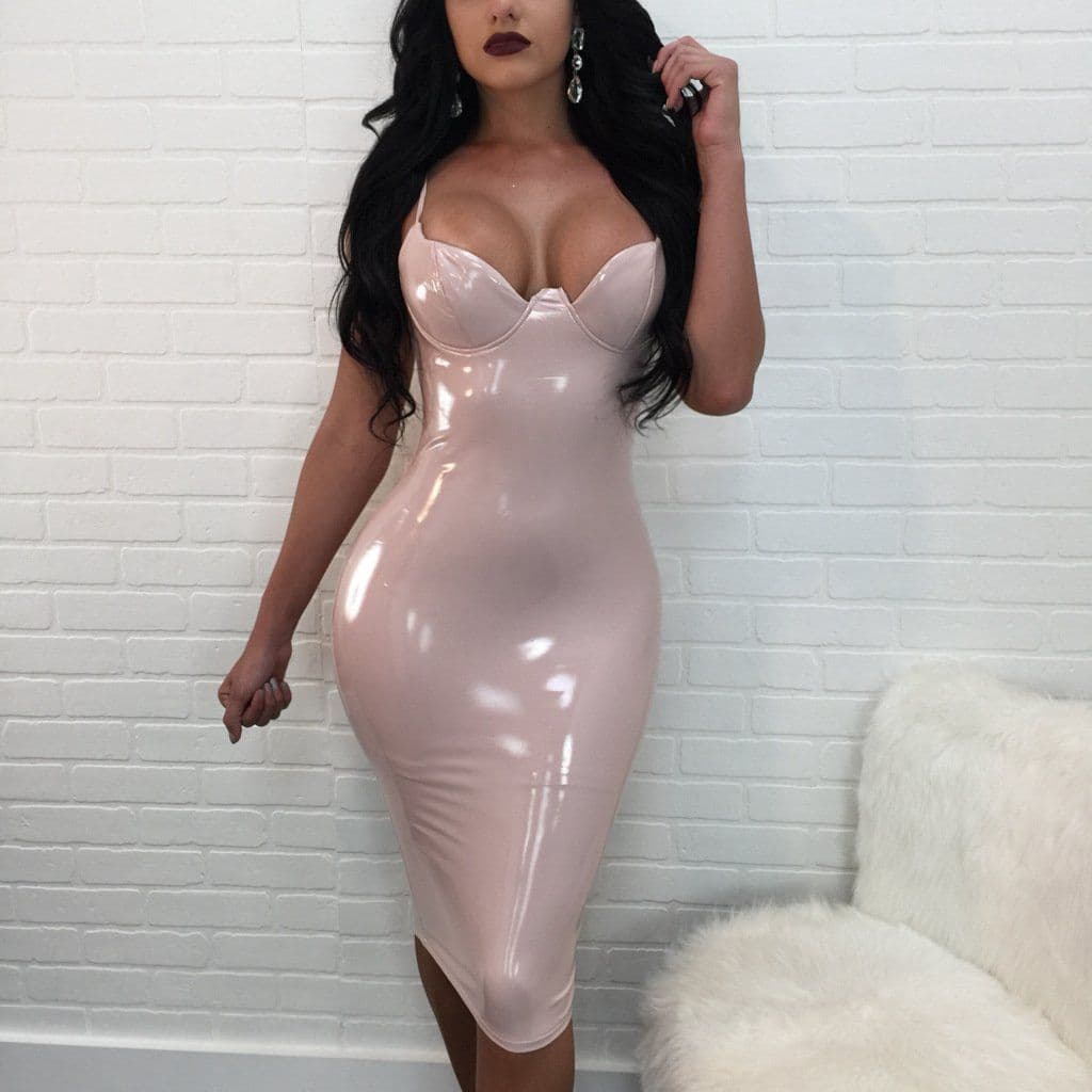 image-2021 Sexy Women Bodycon Dress PU Leather Autumn Winter Vestido High