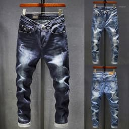 image-2020 Mens Jeans Holes Frayed Hiphop Ripped Blue Skinny Stretch Slim