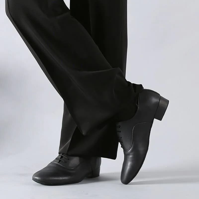 image-Men's Adult Modern Dance Shoes Waltz Dance Shoes Low Heel Square Dance Bright Leather Soft Bottom Fur Sole Black White