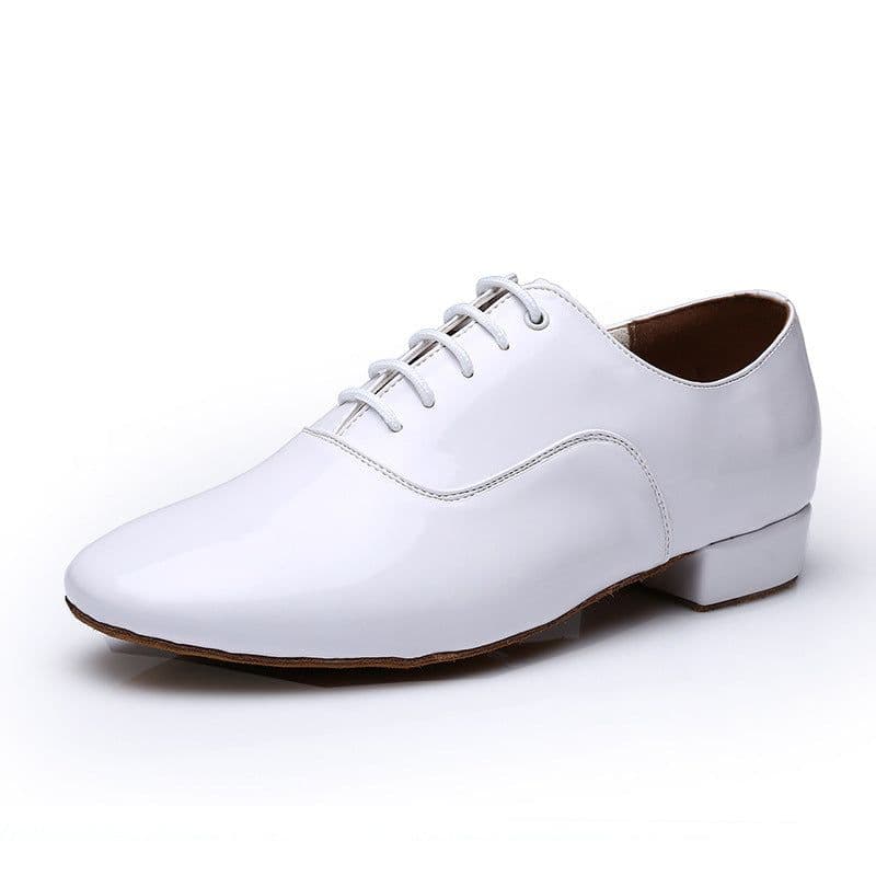 image-Men's Adult Modern Dance Shoes Waltz Dance Shoes Low Heel Square Dance Bright Leather Soft Bottom Fur Sole Black White