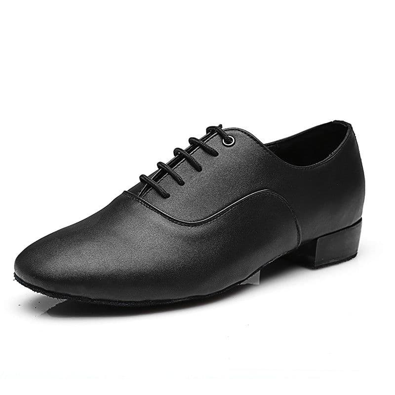 image-Men's Adult Modern Dance Shoes Waltz Dance Shoes Low Heel Square Dance Bright Leather Soft Bottom Fur Sole Black White