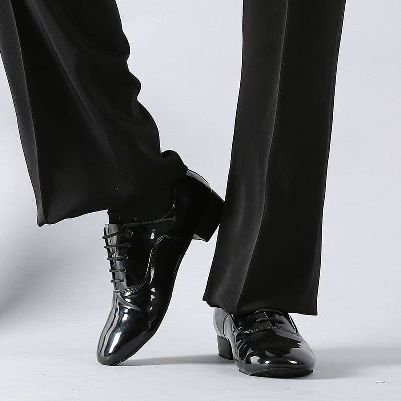 image-Men's Adult Modern Dance Shoes Waltz Dance Shoes Low Heel Square Dance Bright Leather Soft Bottom Fur Sole Black White