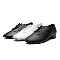 image-Men's Adult Modern Dance Shoes Waltz Dance Shoes Low Heel Square Dance Bright Leather Soft Bottom Fur Sole Black White