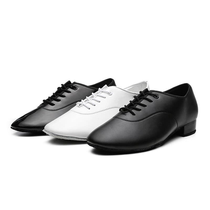 image-Men's Adult Modern Dance Shoes Waltz Dance Shoes Low Heel Square Dance Bright Leather Soft Bottom Fur Sole Black White