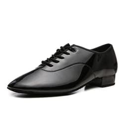 image-Men's Adult Modern Dance Shoes Waltz Dance Shoes Low Heel Square Dance Bright Leather Soft Bottom Fur Sole Black White