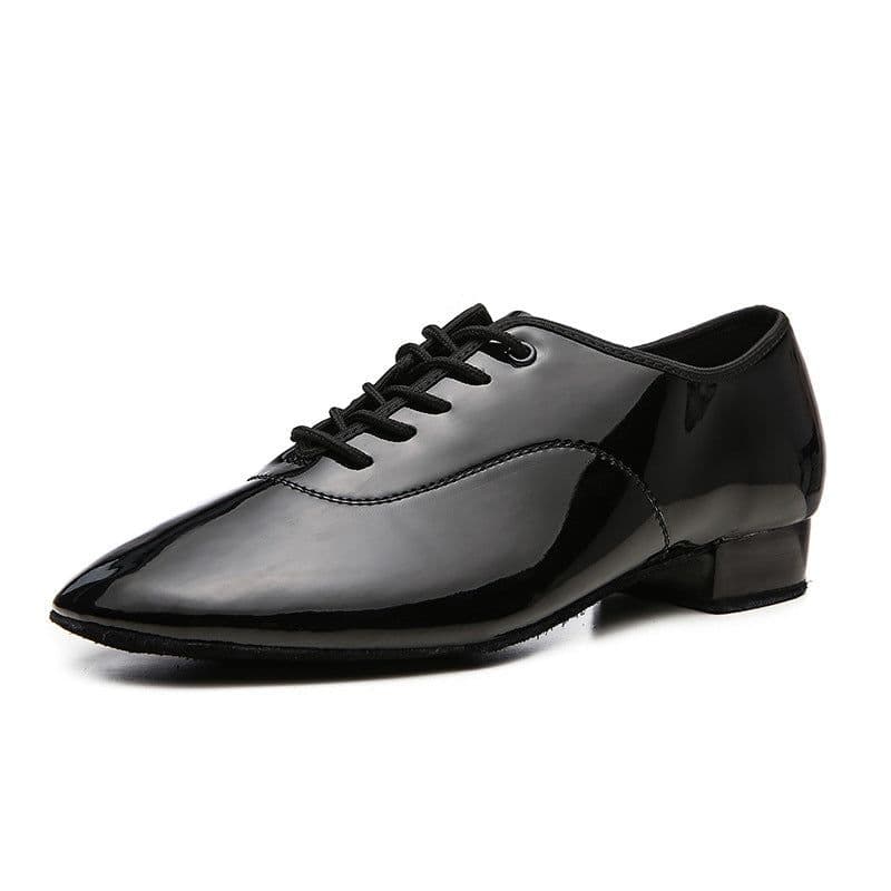 image-Men's Adult Modern Dance Shoes Waltz Dance Shoes Low Heel Square Dance Bright Leather Soft Bottom Fur Sole Black White