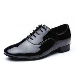 image-Men's Adult Modern Dance Shoes Waltz Dance Shoes Low Heel Square Dance Bright Leather Soft Bottom Fur Sole Black White