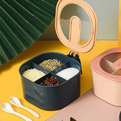 image-Four-compartment transparent flip-top visual condiment bottle with 4 spoons seasoning jar set compartmentalized seasoning box